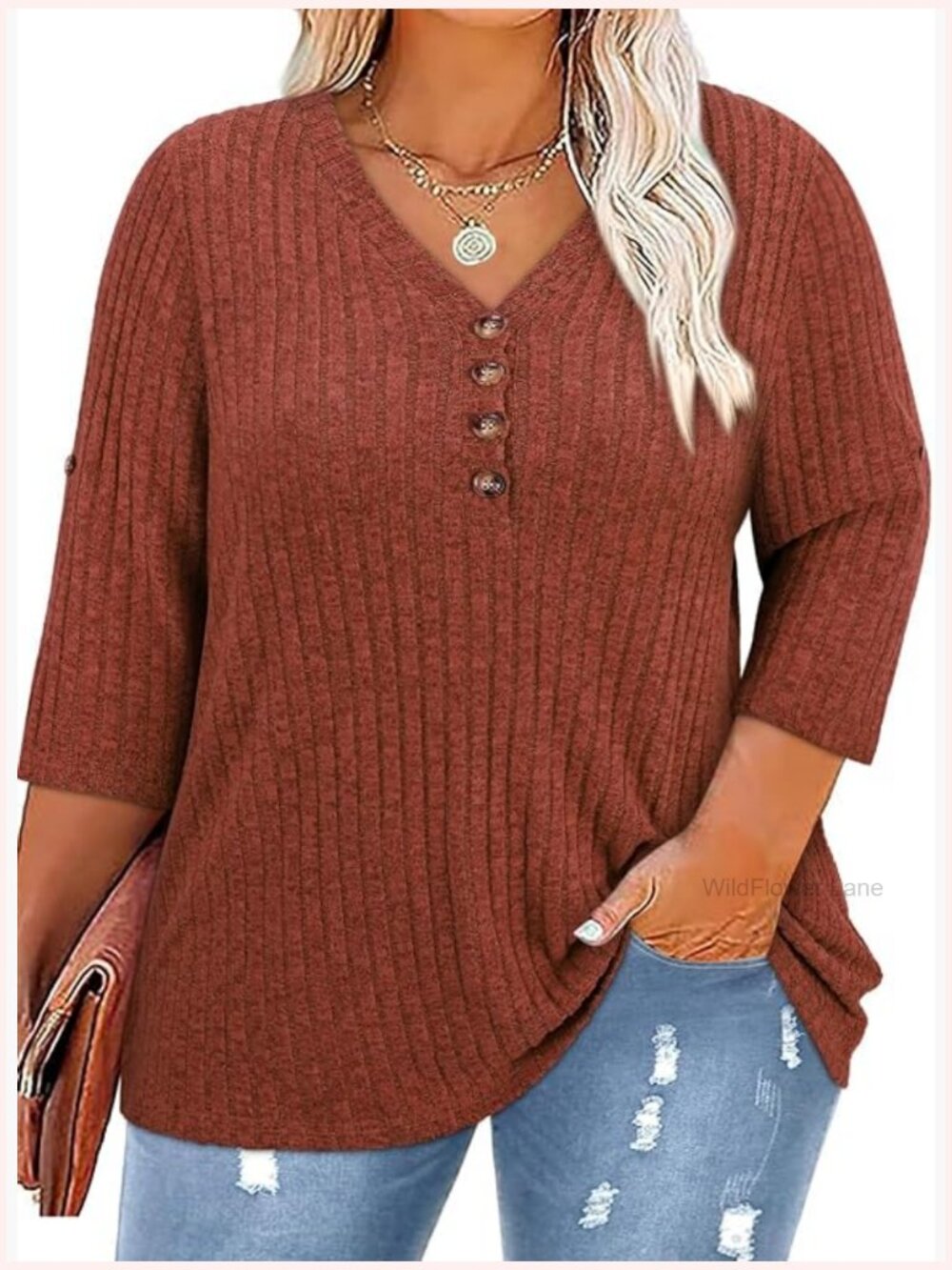 Women's Plus Size V-Neck 3/4 Roll Sleeve Sweater Knit Top Blouse